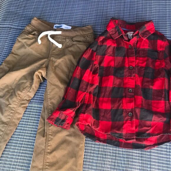 Boys Old Navy Tan & Flannel Pants & Red Flannel plaid outfit Size 4T - Picture 2 of 6